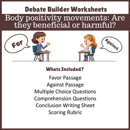 Body positivity movements: Are they beneficial or harmful? | Favour and Against Worksheet Printable Activity