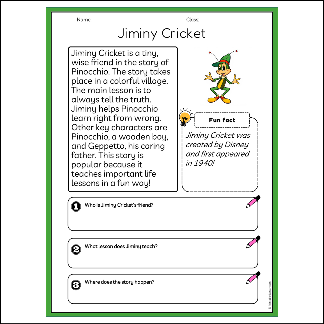 Jiminy Cricket | Reading Passage Comprehension Questions Writing Facts Worksheet