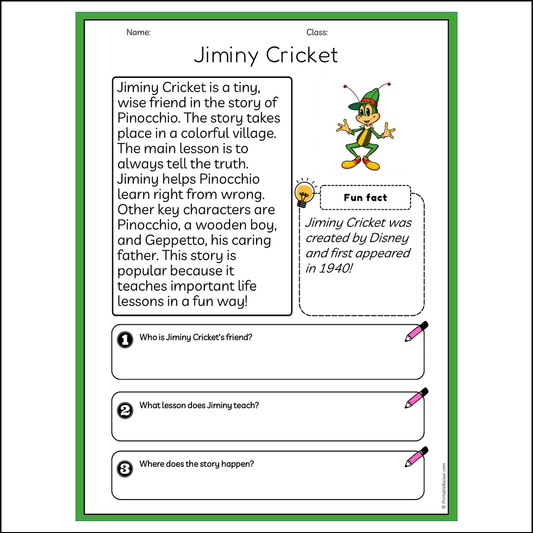 Jiminy Cricket | Reading Passage Comprehension Questions Writing Facts Worksheet