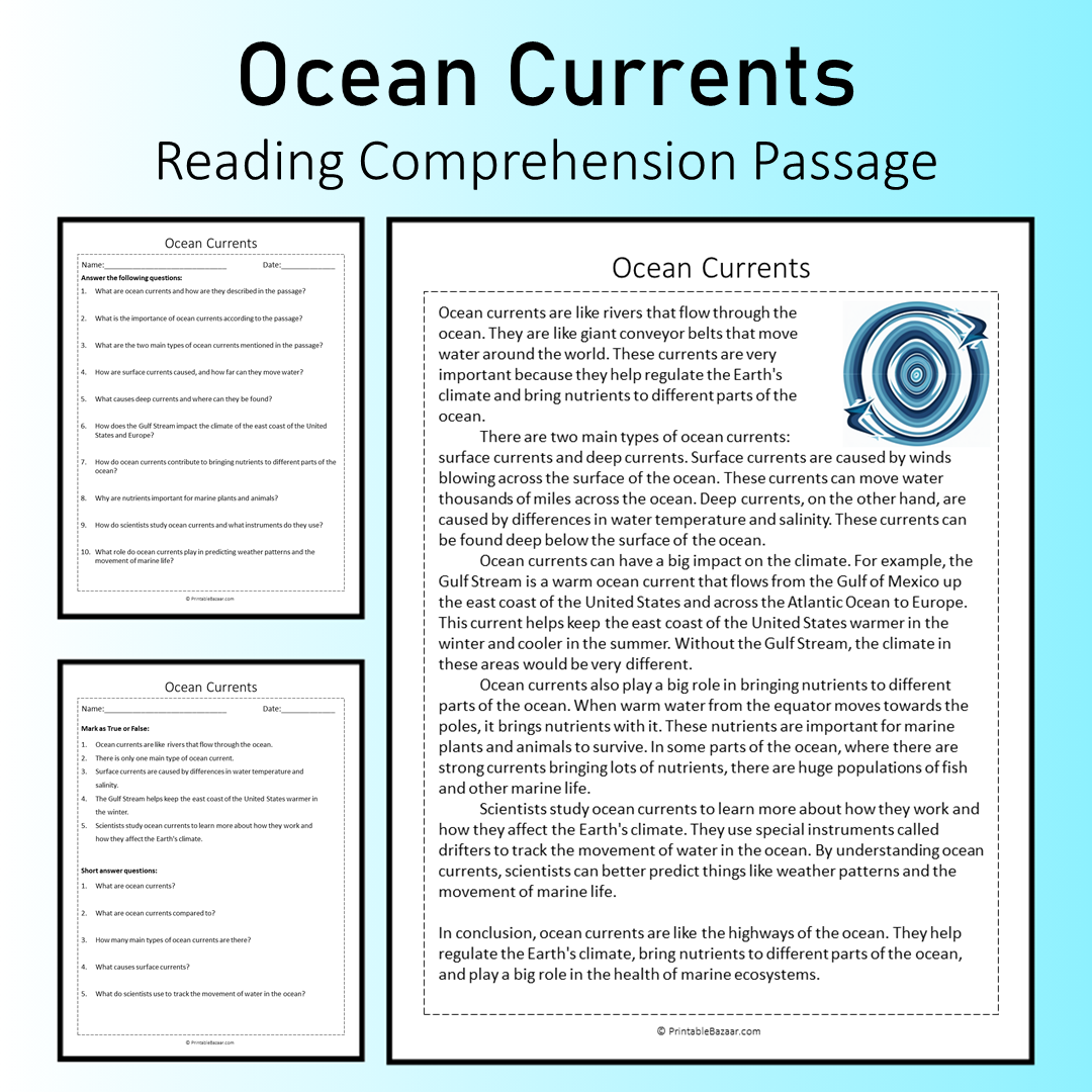 Ocean Currents | Reading Comprehension Passage Printable Worksheet
