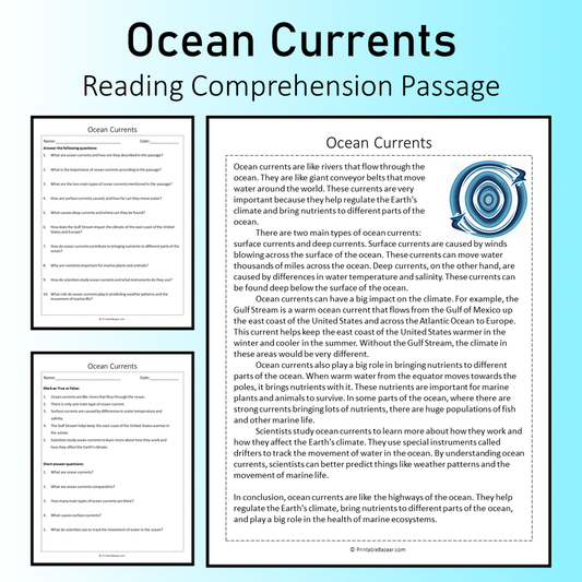 Ocean Currents | Reading Comprehension Passage Printable Worksheet