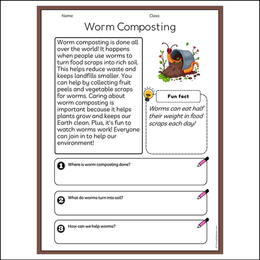 Worm Composting | Reading Passage Comprehension Questions Writing Facts Worksheet