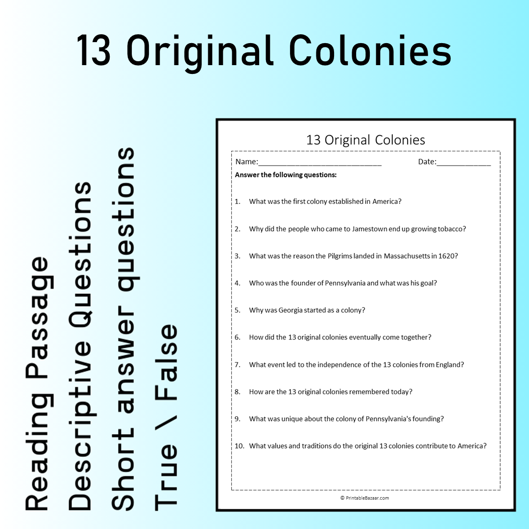 13 Original Colonies | Reading Comprehension Passage Printable Worksheet