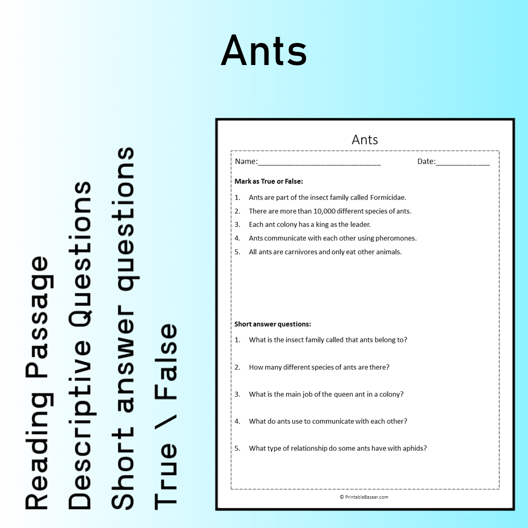 Ants | Reading Comprehension Passage Printable Worksheet