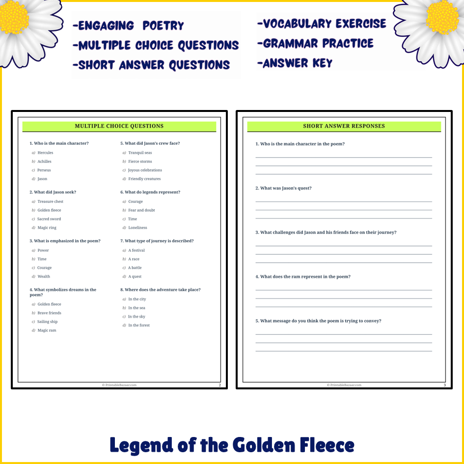 Legend of the Golden Fleece | Poem Grammar Worksheet Printable Activity