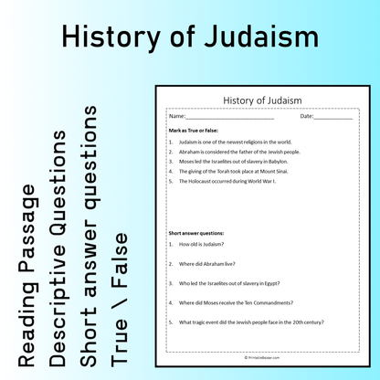 History of Judaism | Reading Comprehension Passage Printable Worksheet