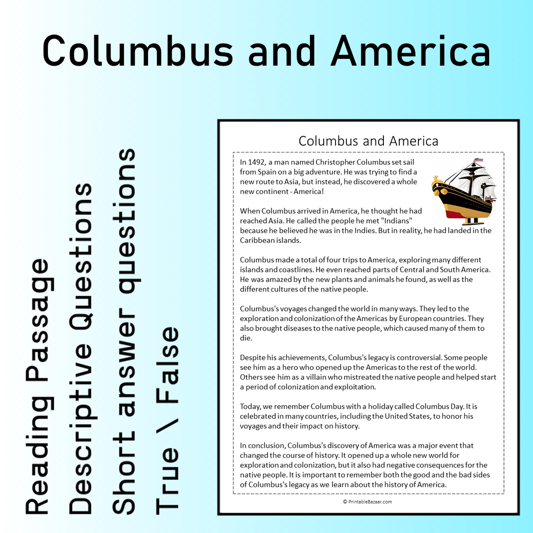 Columbus and America | Reading Comprehension Passage Printable Worksheet