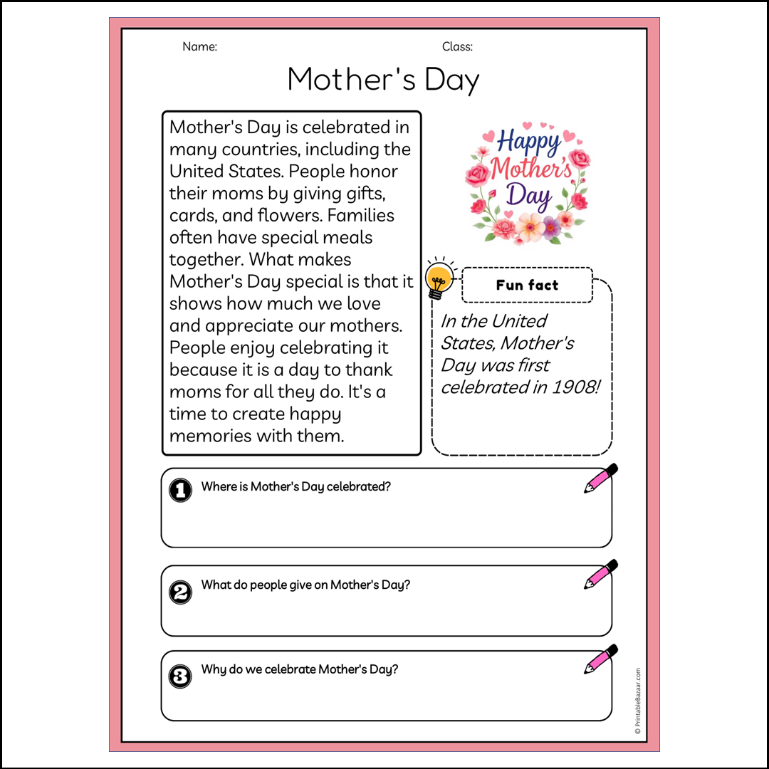 Mother's Day | Reading Passage Comprehension Questions Writing Facts Worksheet