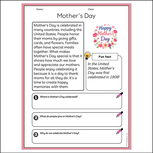 Mother's Day | Reading Passage Comprehension Questions Writing Facts Worksheet