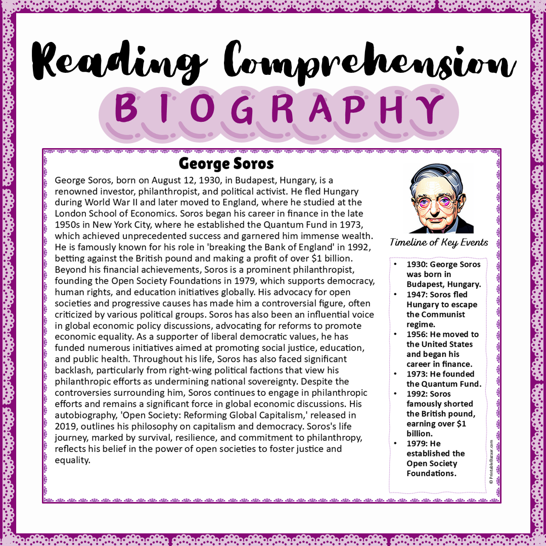 George Soros | Biography Reading Comprehension and Questions Worksheet