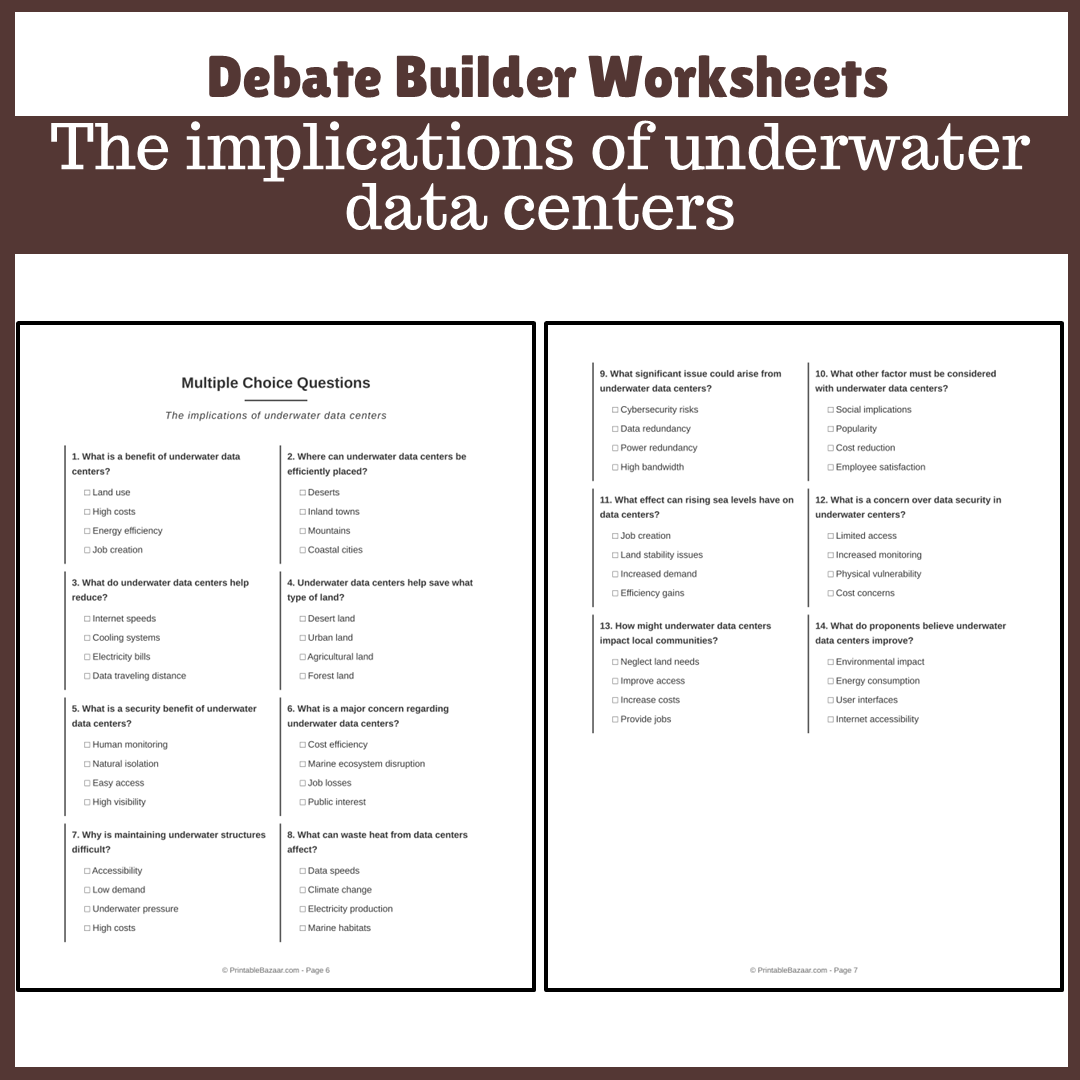 The implications of underwater data centers | Favour and Against Worksheet Printable Activity