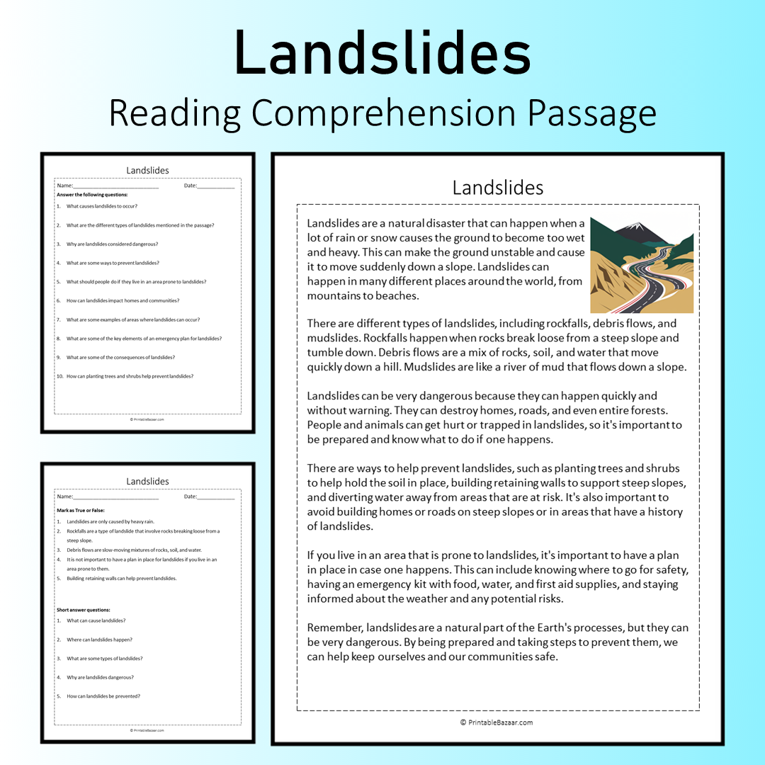 Landslides | Reading Comprehension Passage Printable Worksheet