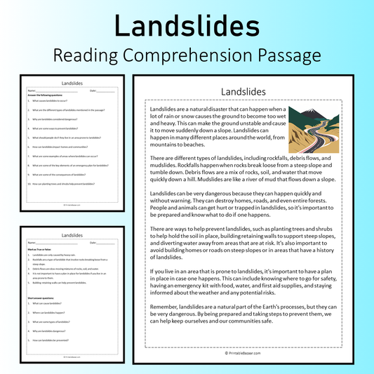 Landslides | Reading Comprehension Passage Printable Worksheet