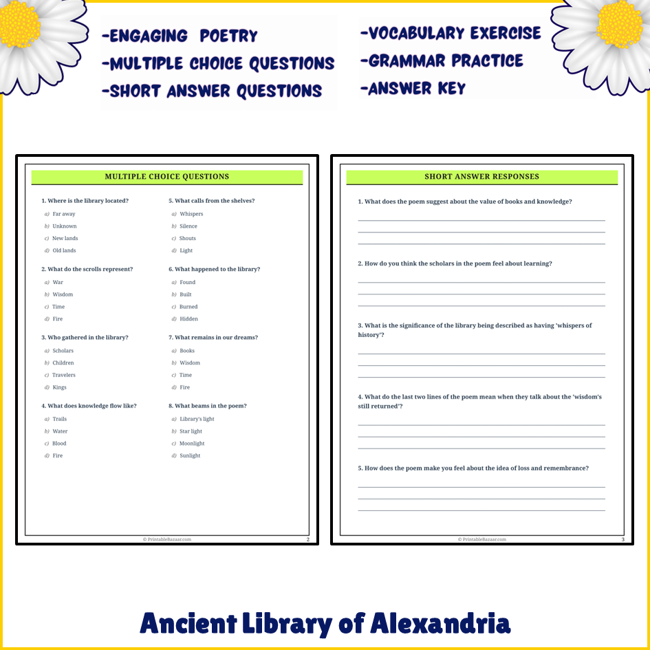 Ancient Library of Alexandria | Poem Grammar Worksheet Printable Activity