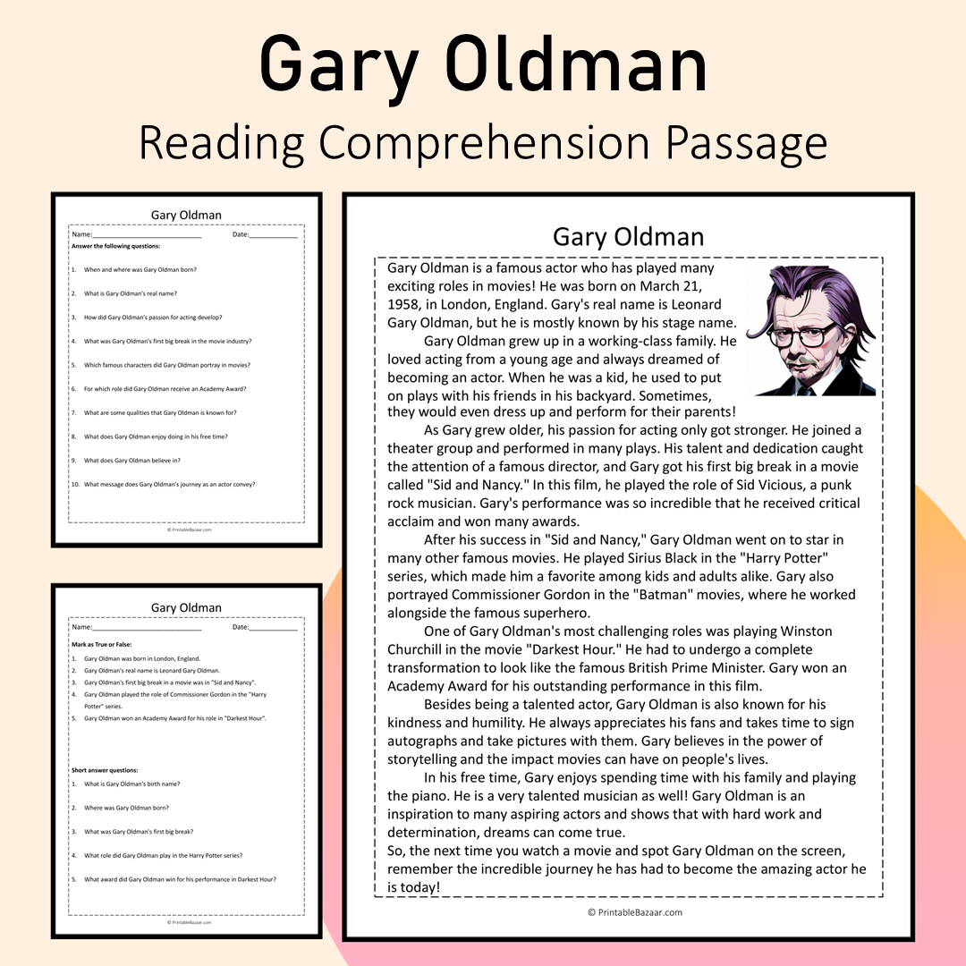 Gary Oldman | Reading Comprehension Passage Printable Activity