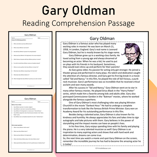 Gary Oldman | Reading Comprehension Passage Printable Activity