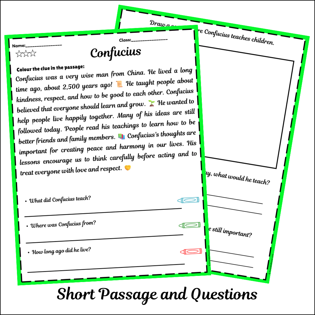 Confucius | Short Reading Comprehension Creative Worksheet