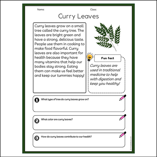 Curry Leaves | Reading Passage Comprehension Questions Writing Facts Worksheet