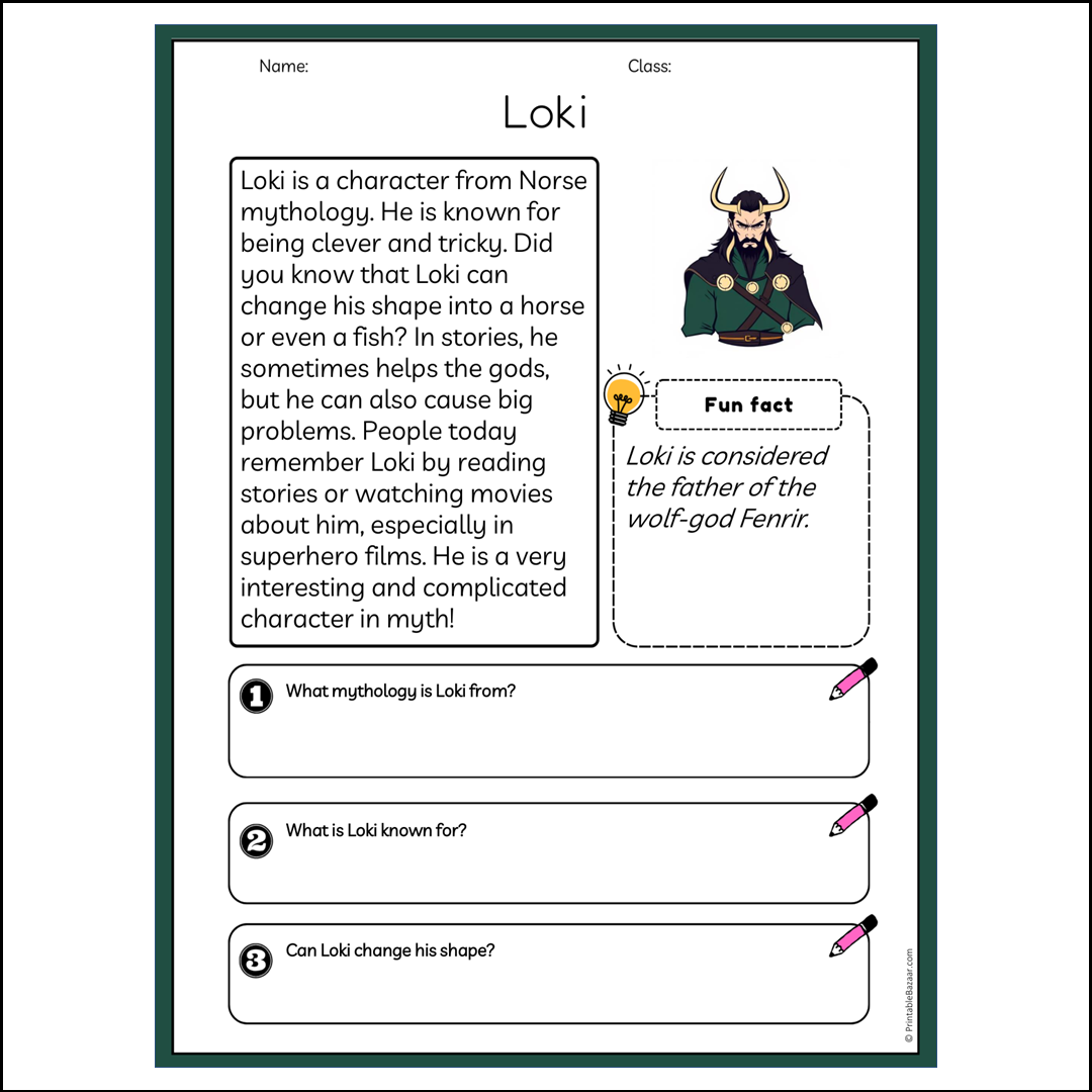 Loki | Reading Passage Comprehension Questions Writing Facts Worksheet
