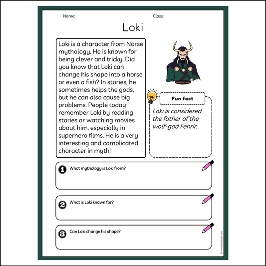 Loki | Reading Passage Comprehension Questions Writing Facts Worksheet