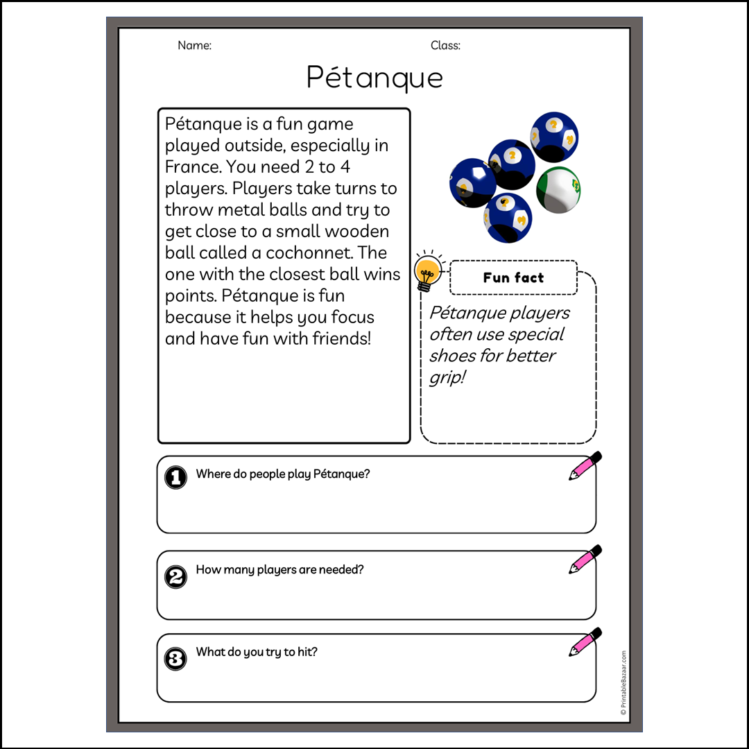 Pétanque | Reading Passage Comprehension Questions Writing Facts Worksheet