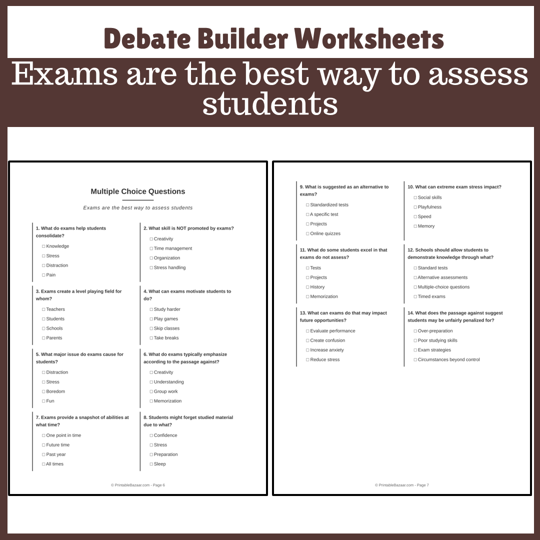 Exams are the best way to assess students | Favour and Against Worksheet Printable Activity