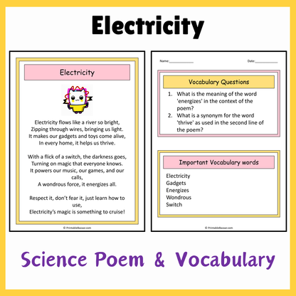 Electricity | Science Poem Reading Comprehension Activity