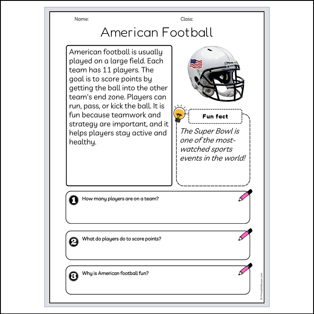 American Football | Reading Passage Comprehension Questions Writing Facts Worksheet