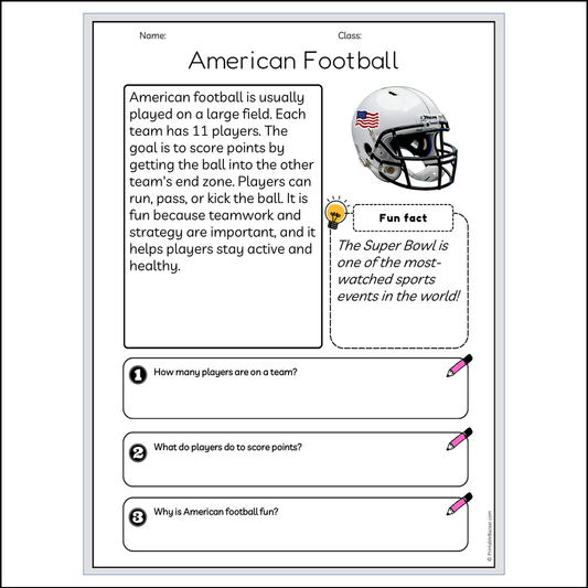 American Football | Reading Passage Comprehension Questions Writing Facts Worksheet