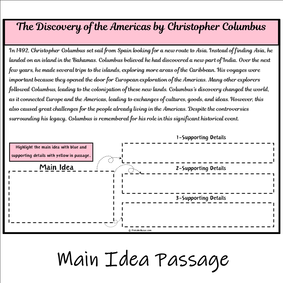 The Discovery of the Americas by Christopher Columbus | Main Idea and Supporting Details Reading Passage and Questions