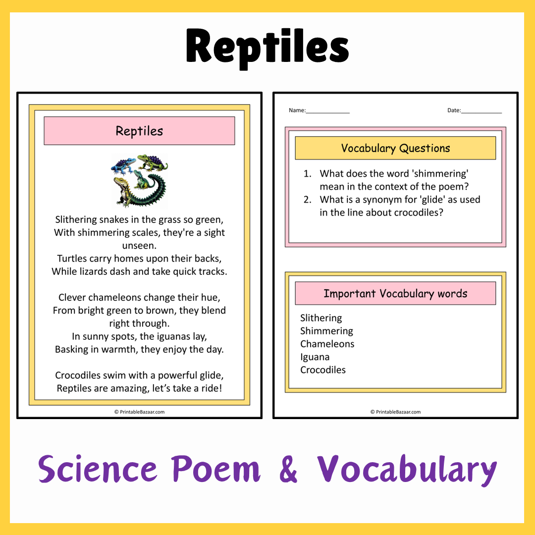 Reptiles | Science Poem Reading Comprehension Activity