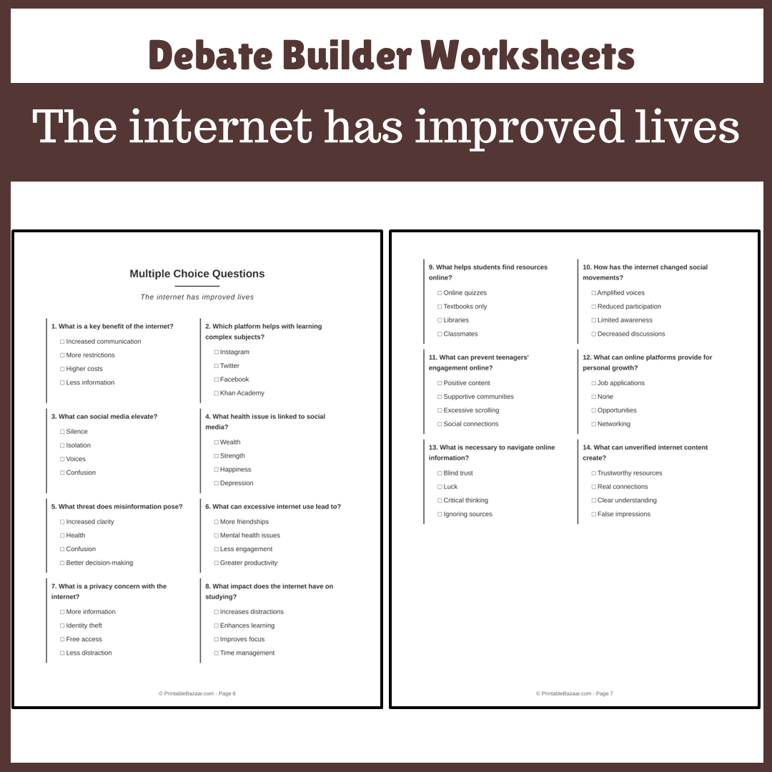 The internet has improved lives | Favour and Against Worksheet Printable Activity