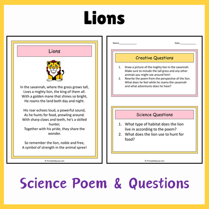 Lions | Science Poem Reading Comprehension Activity