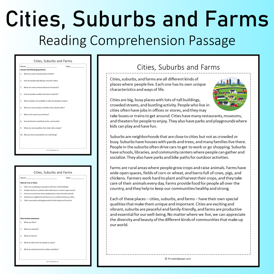 Cities, Suburbs and Farms | Reading Comprehension Passage Printable Worksheet