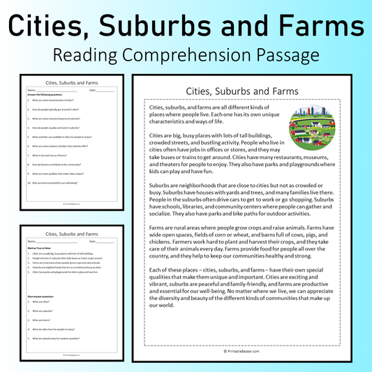 Cities, Suburbs and Farms | Reading Comprehension Passage Printable Worksheet