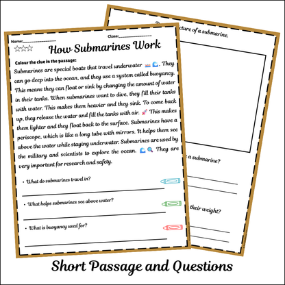 How Submarines Work | Short Reading Comprehension Creative Worksheet