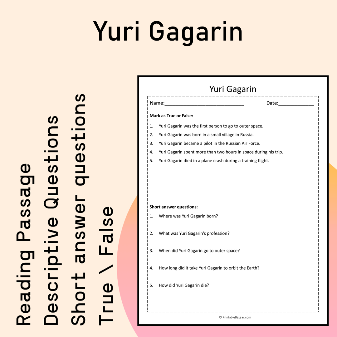 Yuri Gagarin | Reading Comprehension Passage Printable Activity