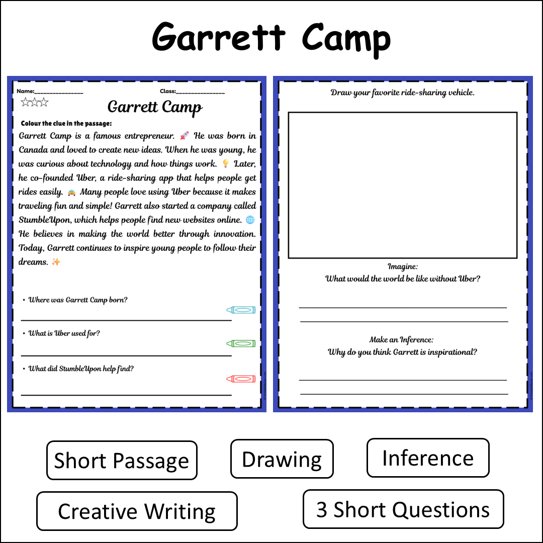 Garrett Camp | Short Reading Comprehension Creative Worksheet