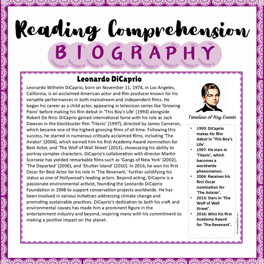 Leonardo DiCaprio | Biography Reading Comprehension and Questions Worksheet