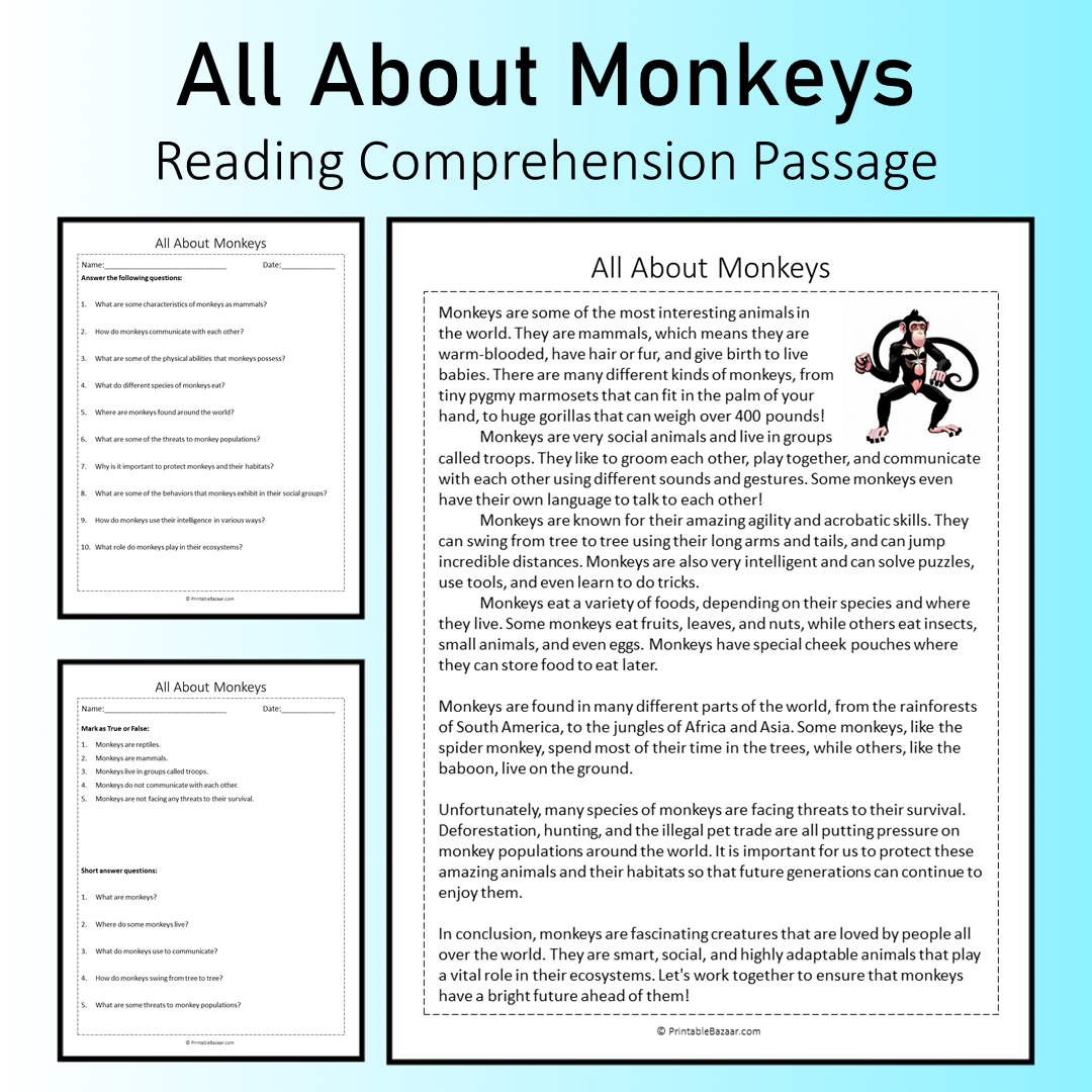 All About Monkeys | Reading Comprehension Passage Printable Worksheet