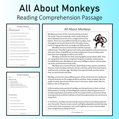 All About Monkeys | Reading Comprehension Passage Printable Worksheet