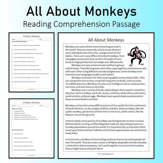 All About Monkeys | Reading Comprehension Passage Printable Worksheet