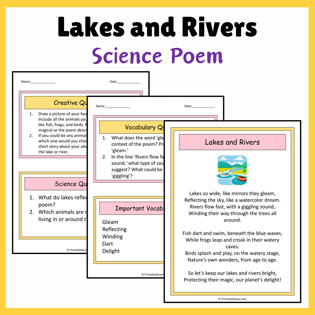 Lakes and Rivers | Science Poem Reading Comprehension Activity