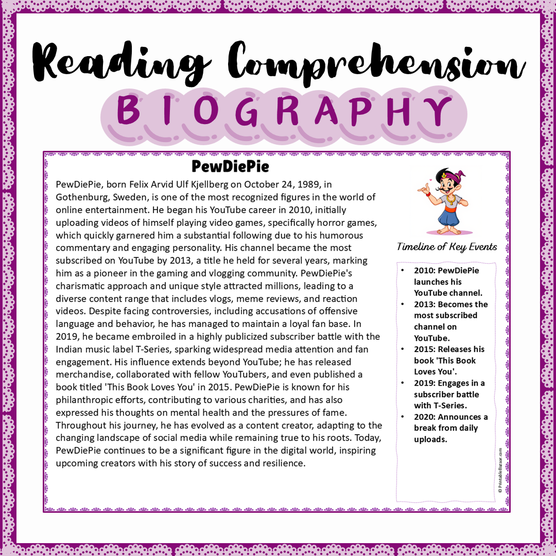 PewDiePie | Biography Reading Comprehension and Questions Worksheet