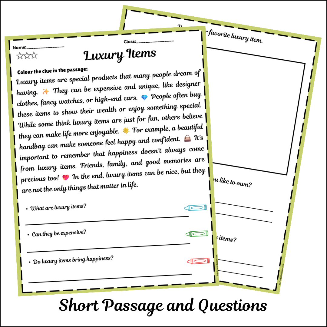 Luxury Items | Short Reading Comprehension Creative Worksheet