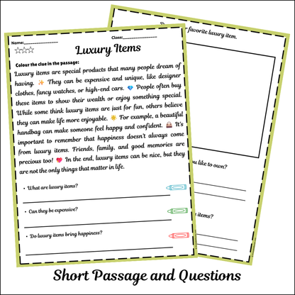 Luxury Items | Short Reading Comprehension Creative Worksheet