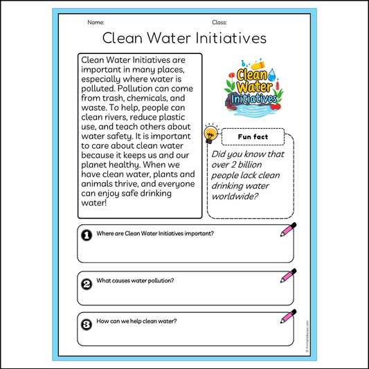 Clean Water Initiatives | Reading Passage Comprehension Questions Writing Facts Worksheet