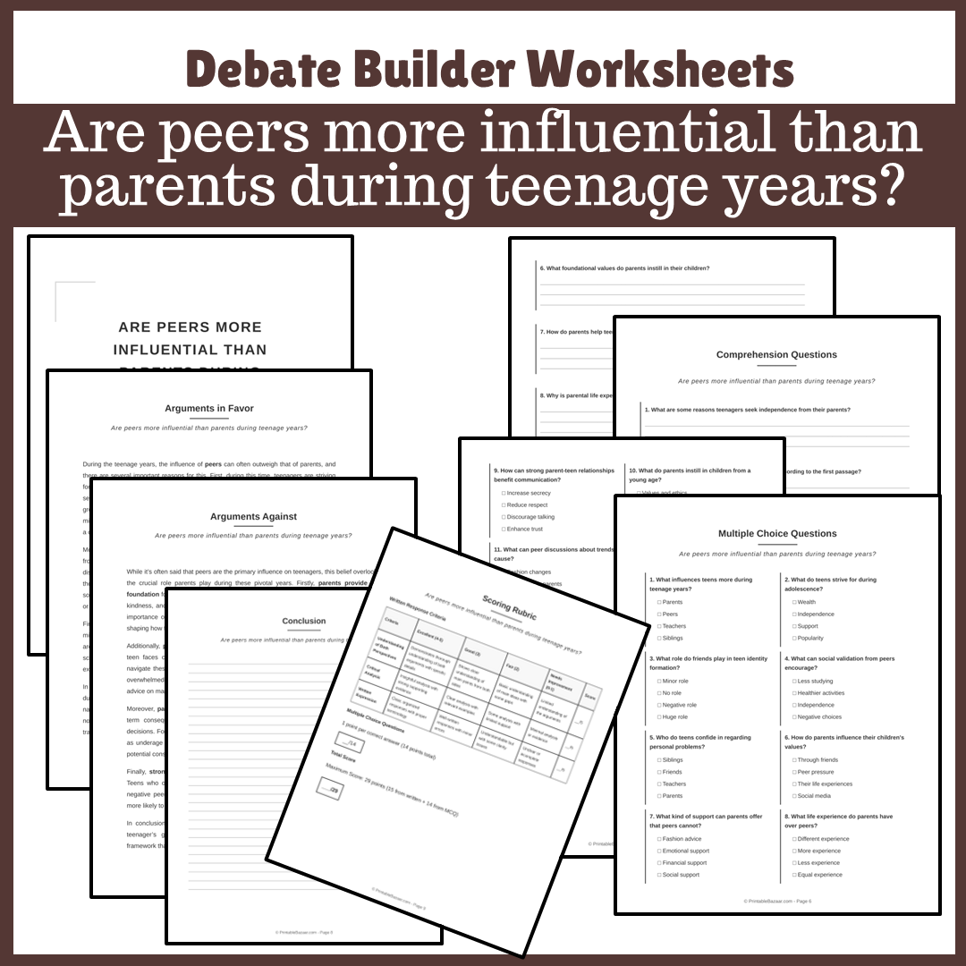 Are peers more influential than parents during teenage years? | Favour and Against Worksheet Printable Activity