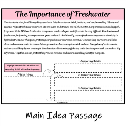 The Importance of Freshwater | Main Idea and Supporting Details Reading Passage and Questions