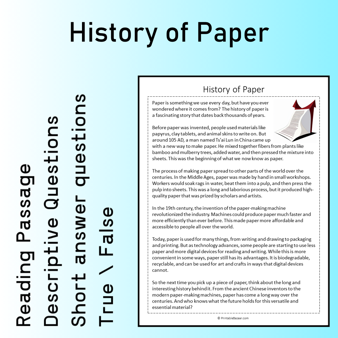 History of Paper | Reading Comprehension Passage Printable Worksheet